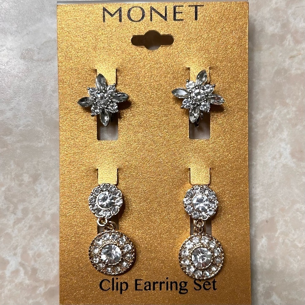Monet Silver and Rhinestone Clip-On Earring Set